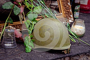 Protective helmets on barricades of euromaidan. Kiev. Ukraine