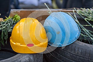 Protective helmets on barricades of euromaidan. Kiev. Ukraine