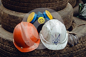 Protective helmets on barricades of euromaidan. Kiev. Ukraine photo