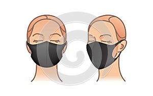 Protective mask. Black dust mask on woman face. Air pollution vector illustration