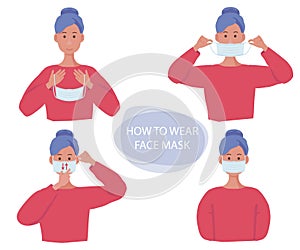 Protective mask. Human gestures how wear flu mask on face health infection protection vector concept info illustrations