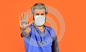 Protective mask. Open palm stop gesture. Danger zone. Stop epidemic. Virus concept. Epidemic infection. Critical number