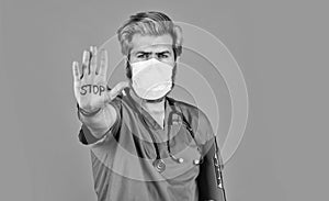 Protective mask. Open palm stop gesture. Danger zone. Stop epidemic. Virus concept. Epidemic infection. Critical number