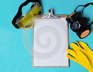 Protective mask, yellow rubber gloves and mask. Remedies