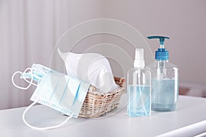 Protective medcine mask,sanitizer,hand soap,coronavirus healthcare concept.Desinfection concept