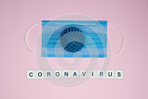 Protective medical mask and coronavirus visualization with word `coronavirus`