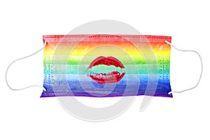 Protective medical mask LGBT community flag color & red lipstick kiss print white background isolated closeup, surgical mask