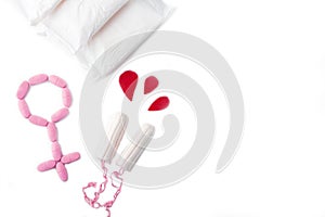Protective menstrual pads, fabric blood drops and cotton tampons isolated on white. The concept of women gynecological health and