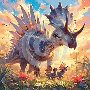 Protective Parental Styracosaurus - Cretaceous Family Bonding Moment