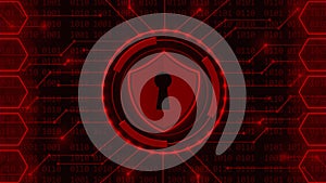 Protective Shield in circle frame on binary code background with information connecting lines between honeycomb elements