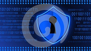 Protective Shield element on binary code background - blue banner design - data internet technology network concept