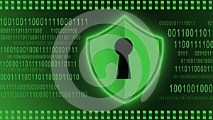 Protective Shield element on binary code background - green banner design - data internet technology network concept