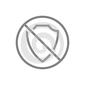 Protective shield with prohibition sign line icon. Protection, security sign, not working