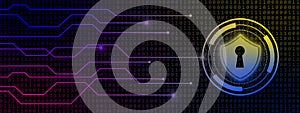 Protective Shield - symbol on button with information connecting lines on binary code background - technology concept