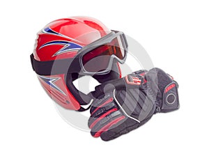 Protective ski helmet, ski goggles and ski glove