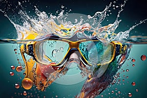 Protective sport goggles drop in swimming pool for diving