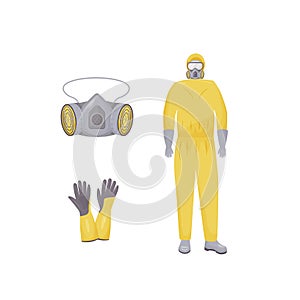 Protective suit, respirator and gloves flat color vector objects set