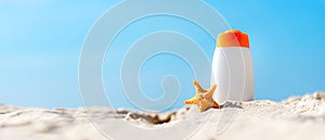 Protective sunscreen or sunblock and sunbath lotion for healthy care skin woman in white plastic bottles with starfish on tropical