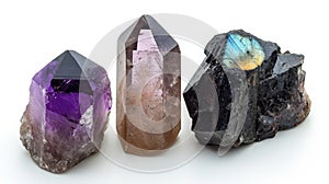 Protective trio of Amethyst, Black Tourmaline, and Labradorite, offering a sense of security and mystique on a white