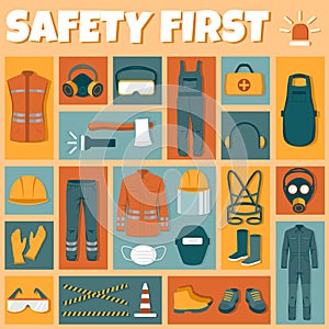 Protective Uniforms Equipment Flat Icons Set . Vector infographic