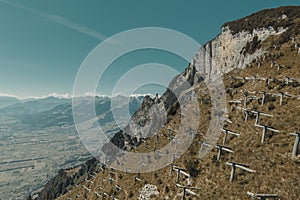 Protective wooden tripods against avalanches at the Appenzell alps