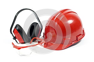 Protective Workwear- Red Safety Helmet, Transparent Goggles With Red Frame And Earmuffs Isolated On White