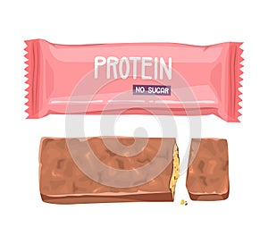 Protein bar in pink packaging and unwrapped. photo