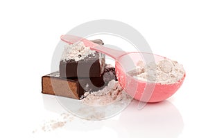 Protein bar and powder isolated on white background