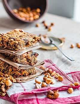 Protein bars granola with seeds, peanut butter and dried fruit,