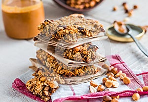 Protein bars granola with seeds, peanut butter and dried fruit,