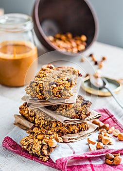 Protein bars granola with seeds, peanut butter and dried fruit,