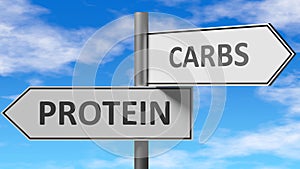 Protein and carbs as a choice - pictured as words Protein, carbs on road signs to show that when a person makes decision he can