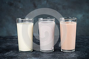 Protein cocktails in glasses, sport nutrition.