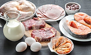 Protein diet: raw products on the wooden background