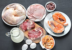 Protein diet: raw products on the wooden background
