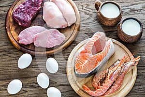 Protein diet: raw products on the wooden background