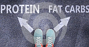 Protein and fat carbs as different choices in life - pictured as words Protein, fat carbs on a road to symbolize making decision