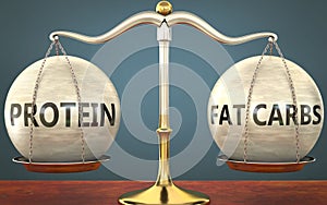 Protein and fat carbs staying in balance - pictured as a metal scale with weights and labels protein and fat carbs to symbolize