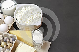 Protein food, farm dairy products on a gray background with copy space. Quail and chicken eggs, milk, cheese, butter