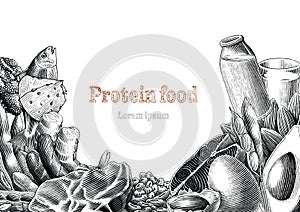 Protein food hand drawing engraving style clip art