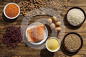 Protein food on wooden rustic background. Salmon, assortment of beans and cereals