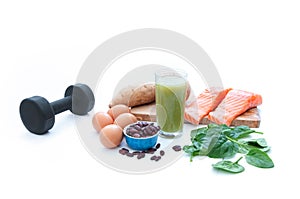 Protein foods and dumbell