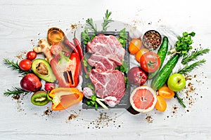 Protein menu: veal meat, vegetables and fruits.