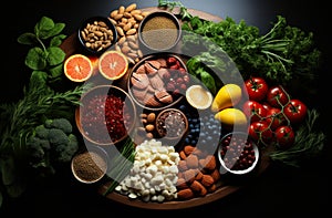 Protein nutrition protein foods. A variety of fruits and vegetables are arranged on a plate