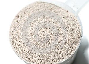 Protein powder chocolate flavour on scoop closeup isolated