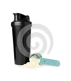 Protein powder, scoop and shaker isolated on white
