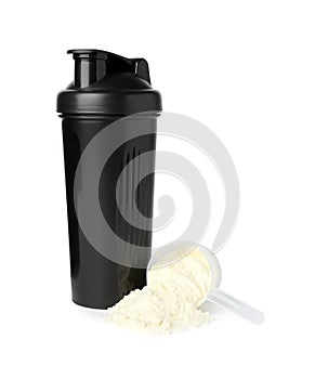 Protein powder, scoop and shaker isolated on white