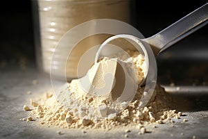 Protein powder scoop, sports nutrition, food supplement.