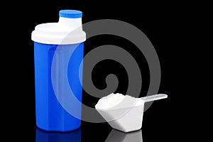 Protein powder and shaker.