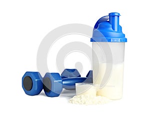 Protein powder, shaker and dumbbells isolated on white